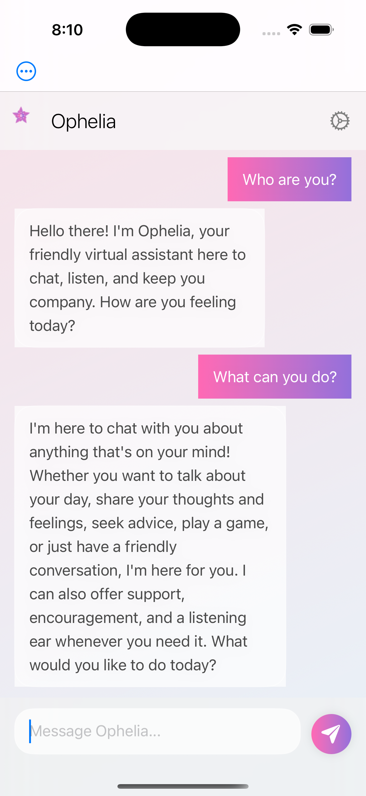 Ophelia interface screenshot showing emotional response features